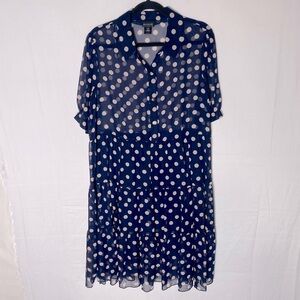 En Focus Studio Navy Blue White Semi Sheer Polkadot Button Up Dress 12